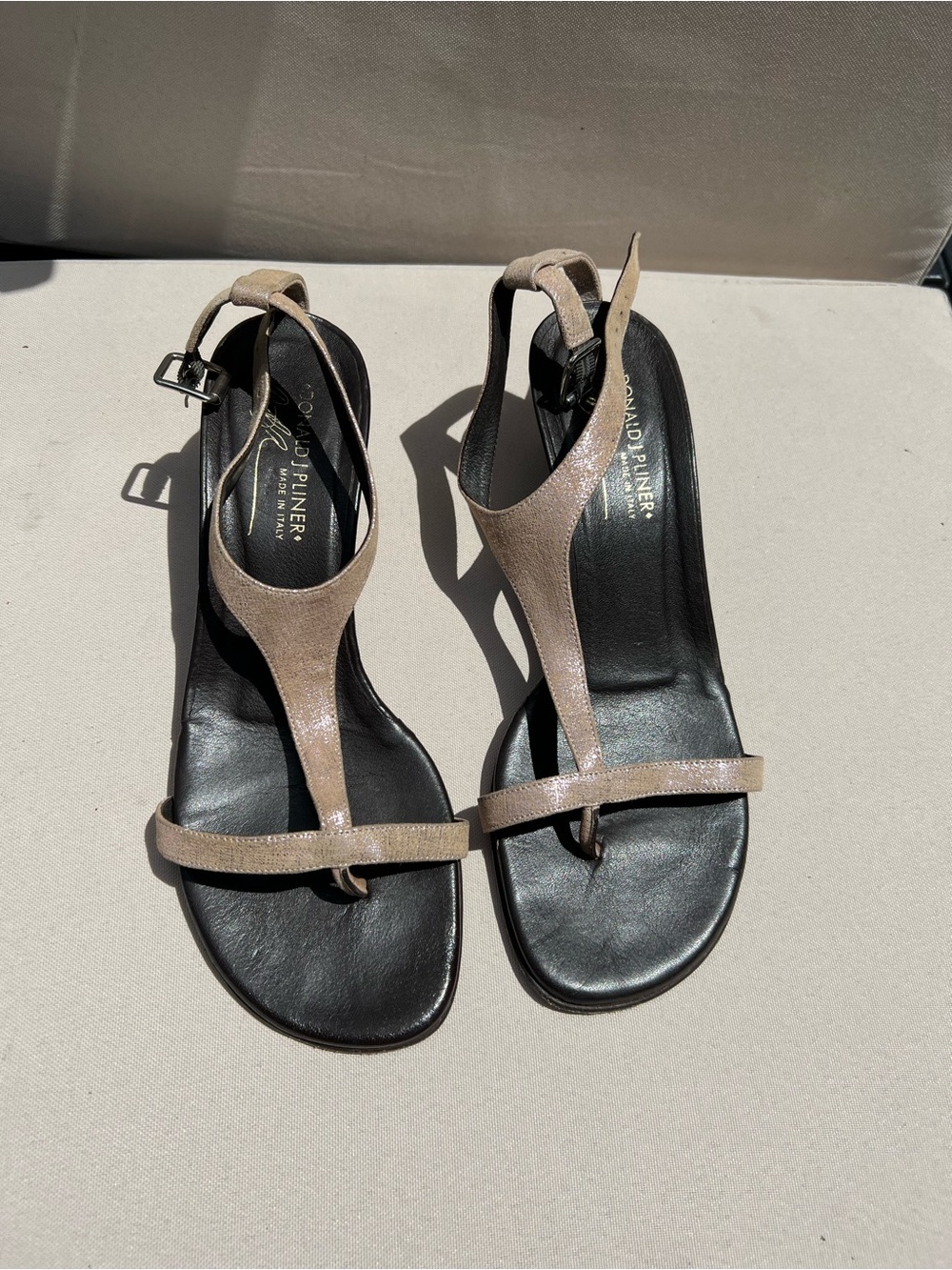 Donald J. Pliner Shimmery Taupe T-Strap Sandals